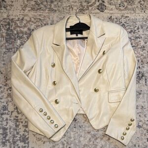 7 For All Mankind Cream Double-Breasted Cropped Blazer with Gold Buttons